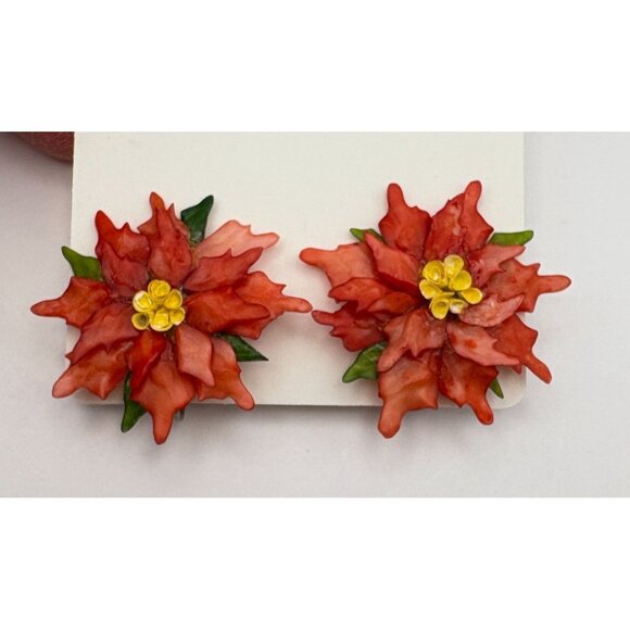 Vintage Poinsettia Earrings Clip-On Floral Red Flower 1950s Holiday Jewelry - Picture 4 of 6
